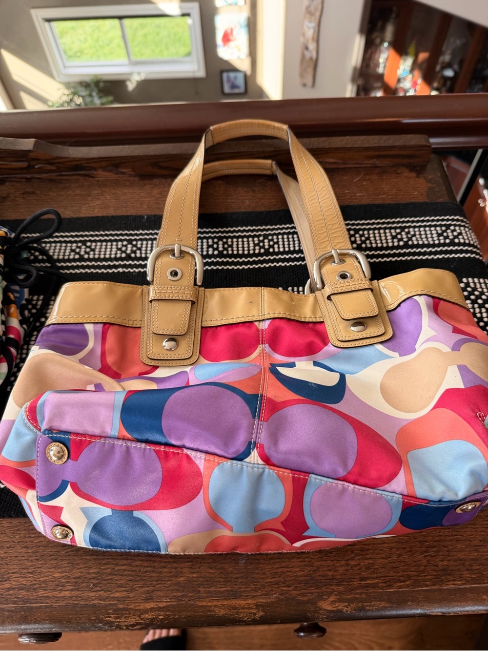 Coach Multicolor Tote Bag with Tan Leather Trim